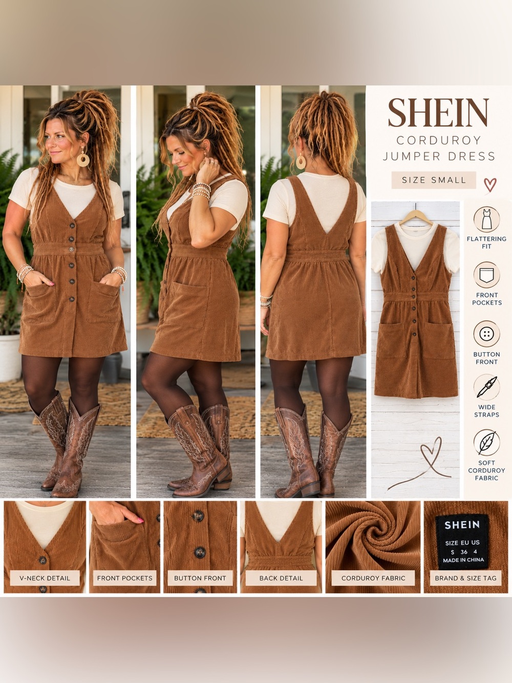 Corduroy Button-Front Pinafore Dress in Rust Brown